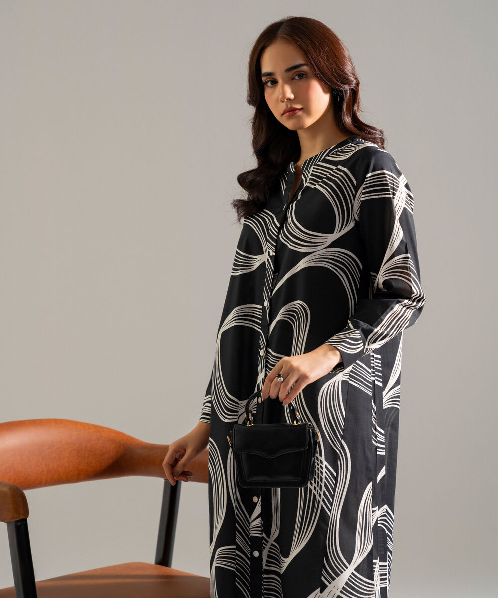 Women's RTW Slub Lawn Printed Black A-Line Shirt