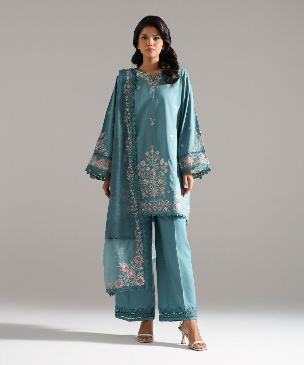 Khaddi Net Embroidered Green Dupatta