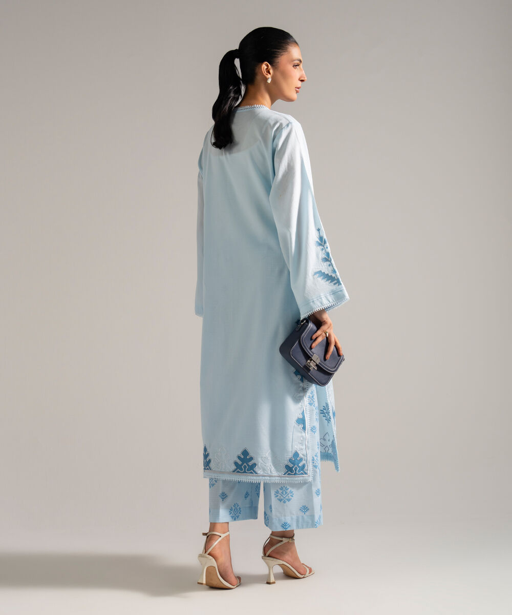 Women's RTW Dobby Embroidered Blue 2 Piece Suit