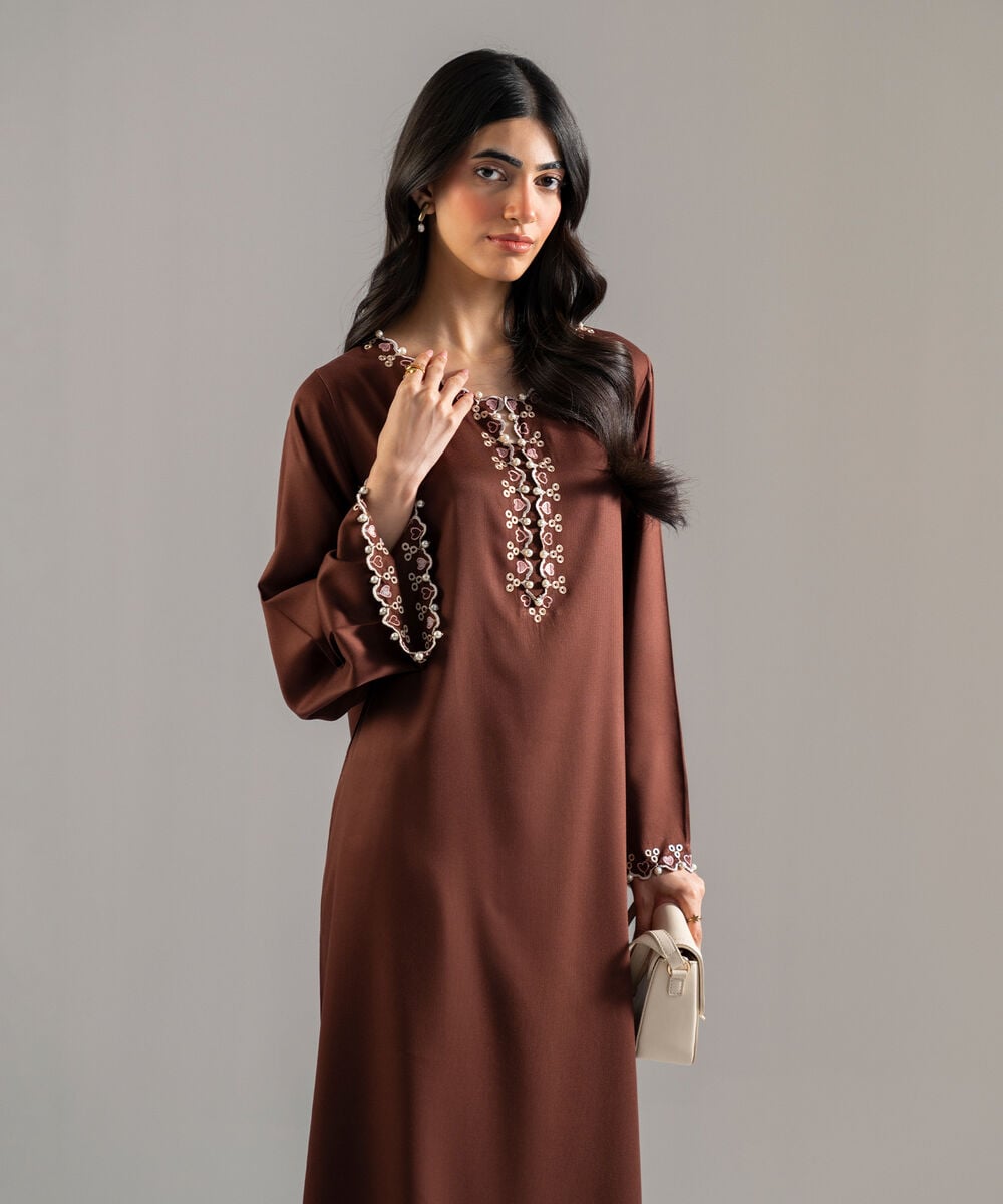 Women's RTW Bedford Solid Embroidered Brown Straight Shirt