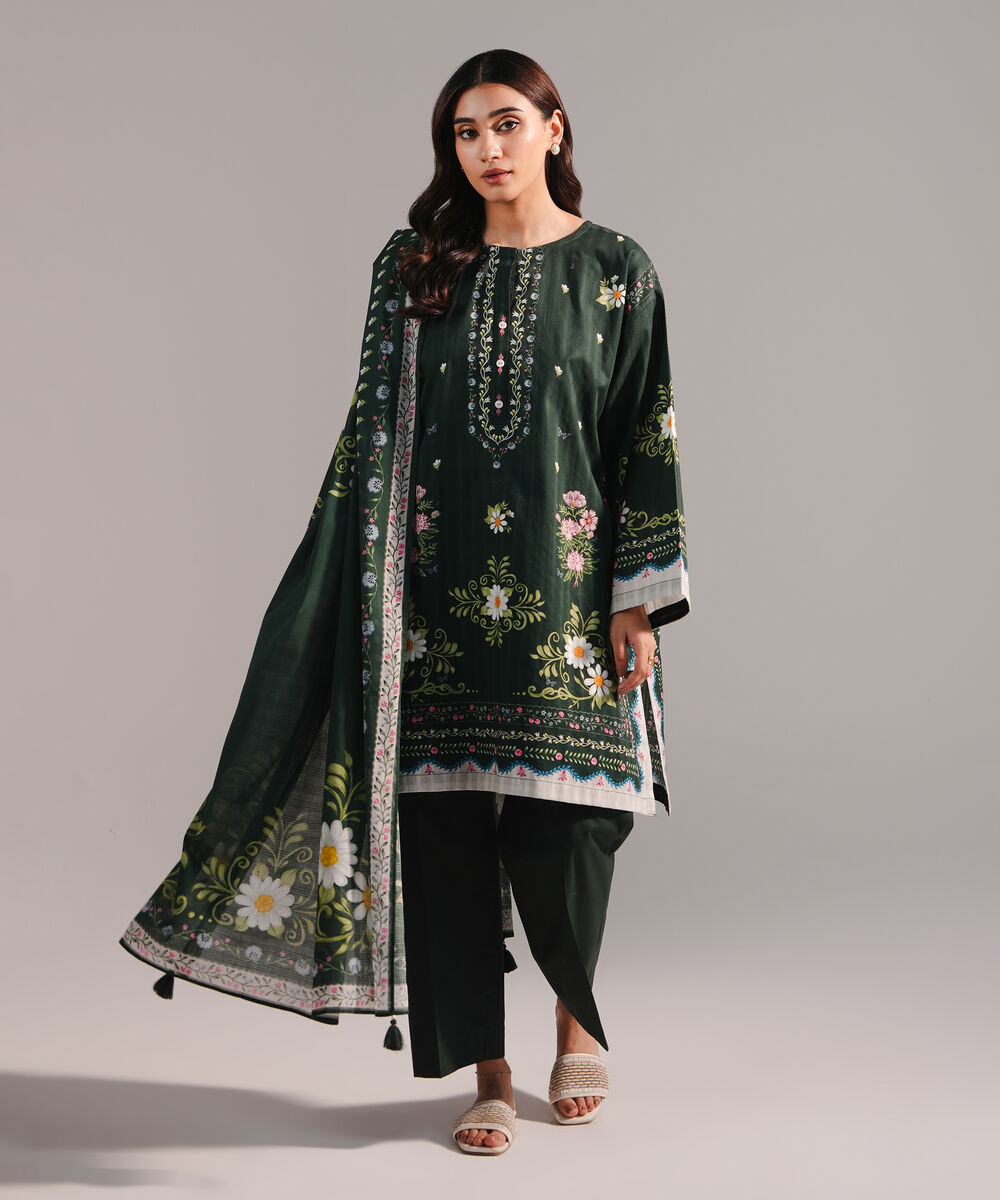 Women's RTW Dobby Printed Dark Green 3 Piece Suit