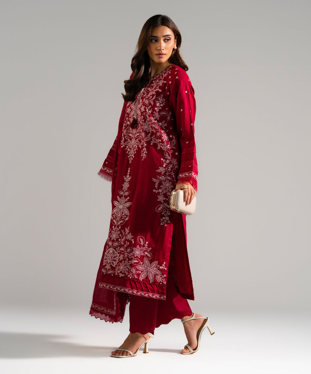 Women's RTW Textured Viscose Embroidered Maroon 3 Piece Suit