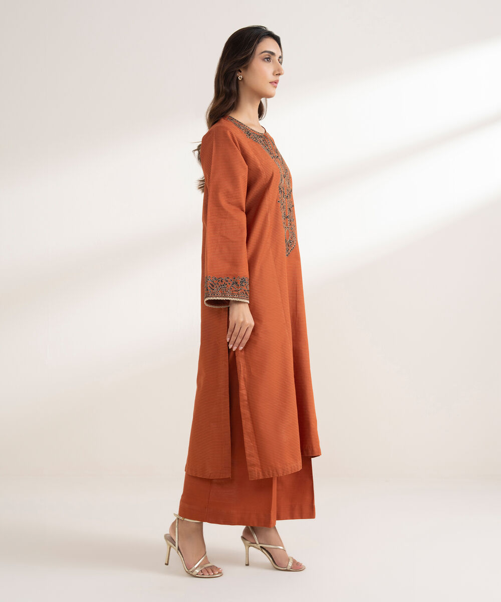 Women's RTW Zari Cotton Embroidered A-Line Rust Shirt