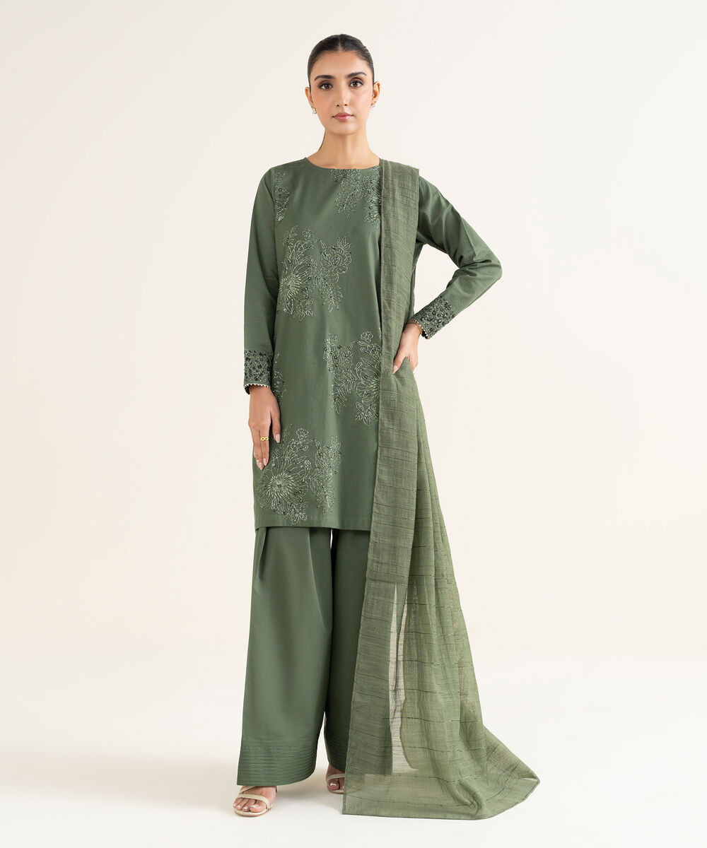 Women's RTW Multineps Embroidered Green Straight Shirt