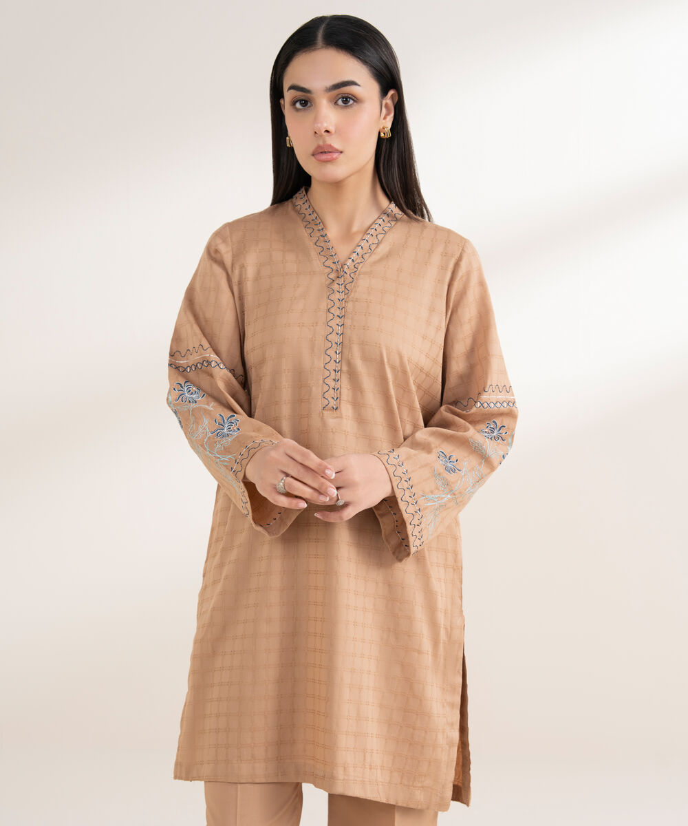 Women's RTW Textured Cotton Embroidered Straight Beige Shirt