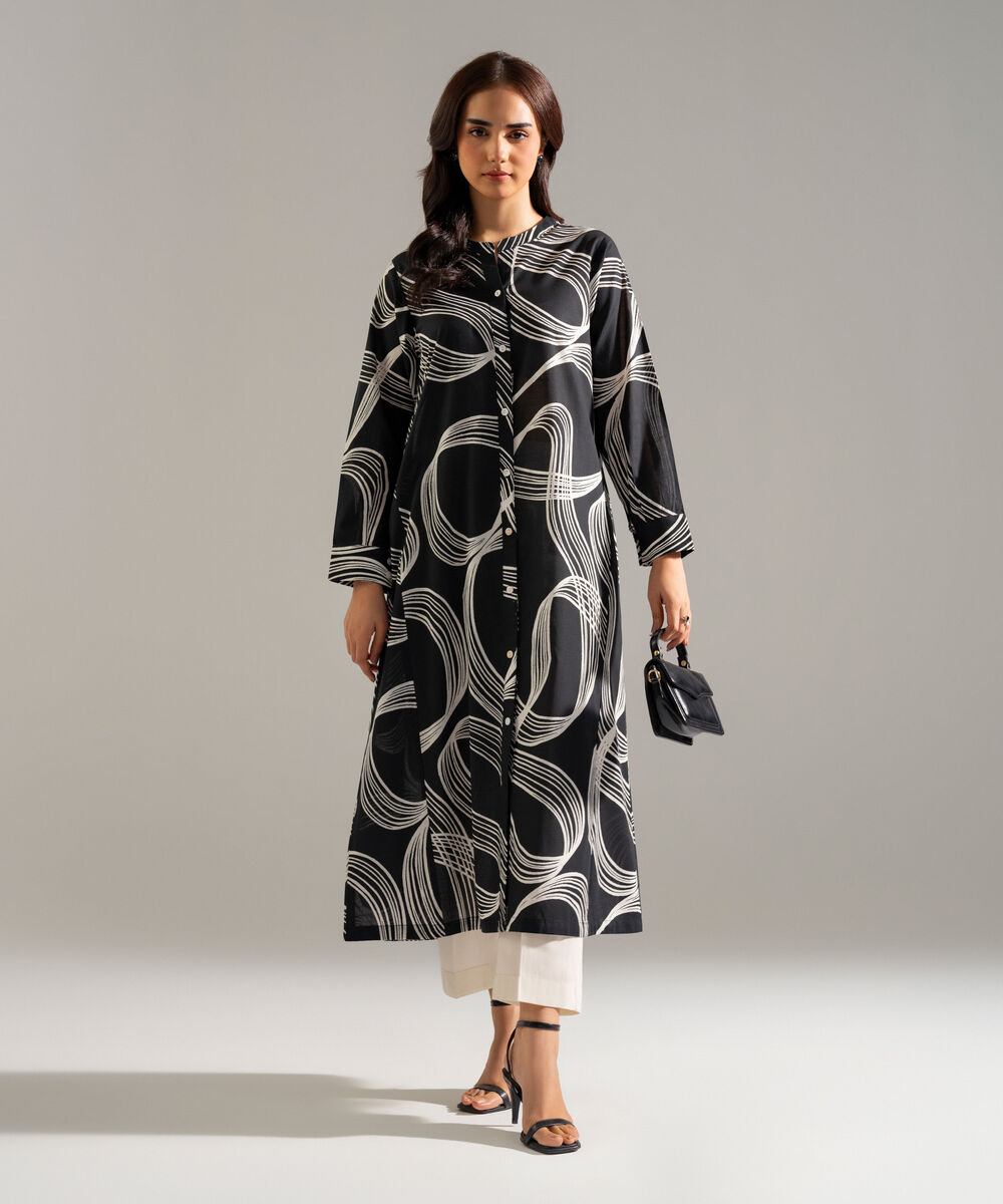 Women's RTW Slub Lawn Printed Black A-Line Shirt