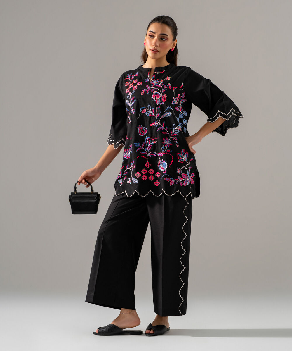 Women's RTW Dobby Solid Embroidered Black 2 Piece Suit