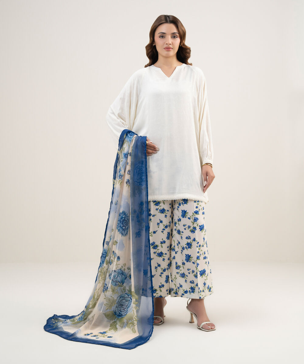 Women's RTW Arabic Self Jacquard Solid Cream White Drop Shoulder Shirt