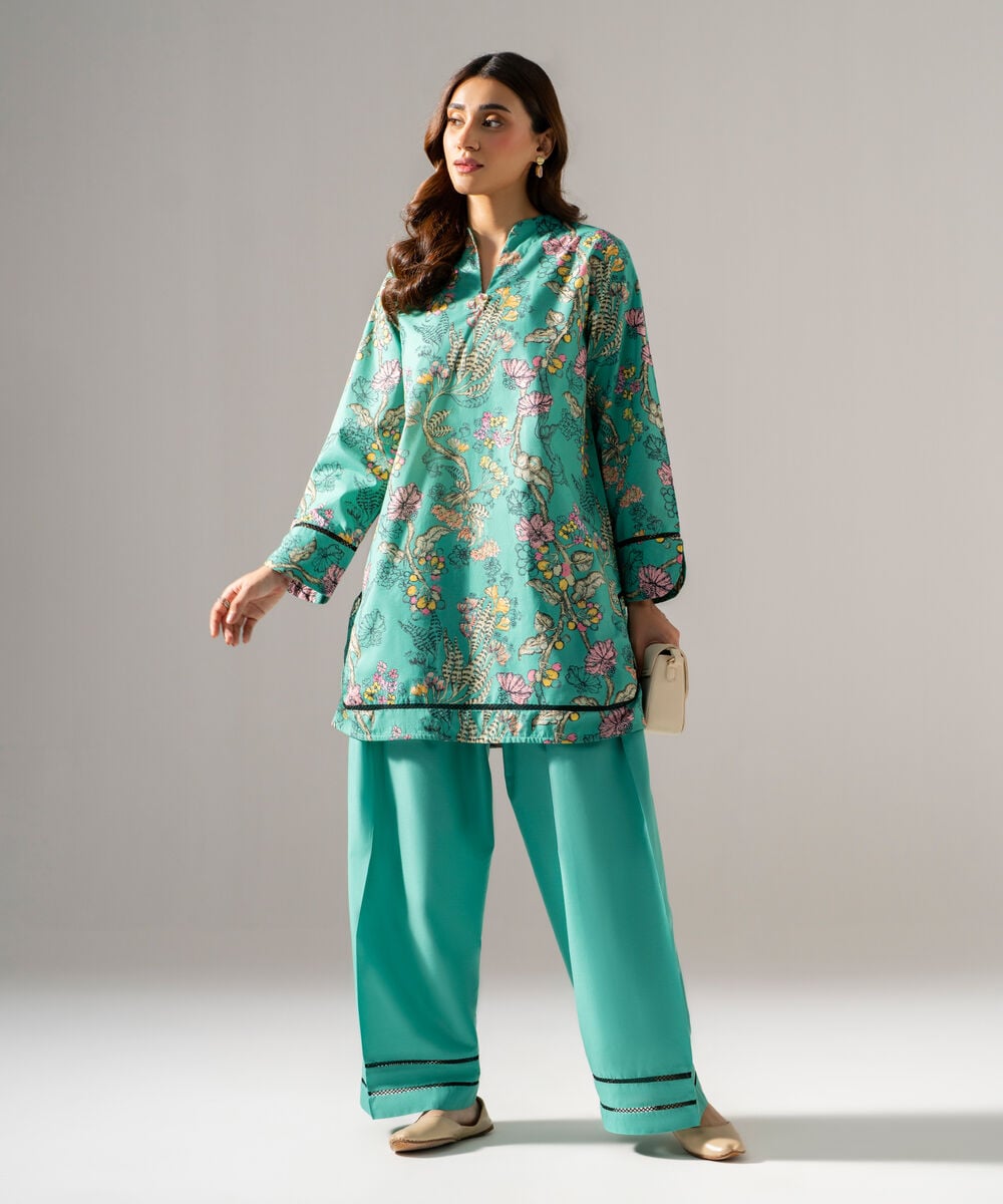 Women's RTW Regular Khaddar Printed Green Shirt and Trousers