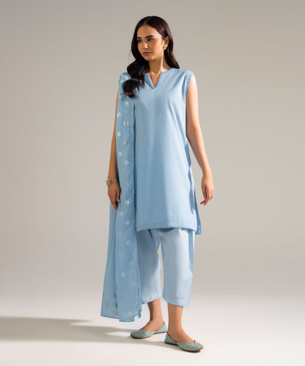 Women's RTW Slub Lawn Solid Blue 3 Piece Suit