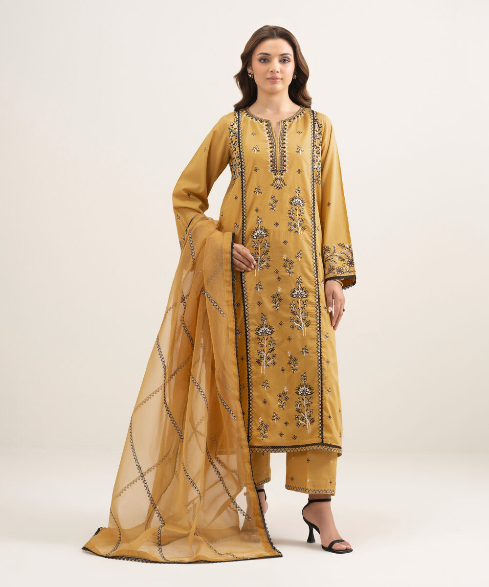 Women's RTW Blended Organza Embroidered Orange Dupatta
