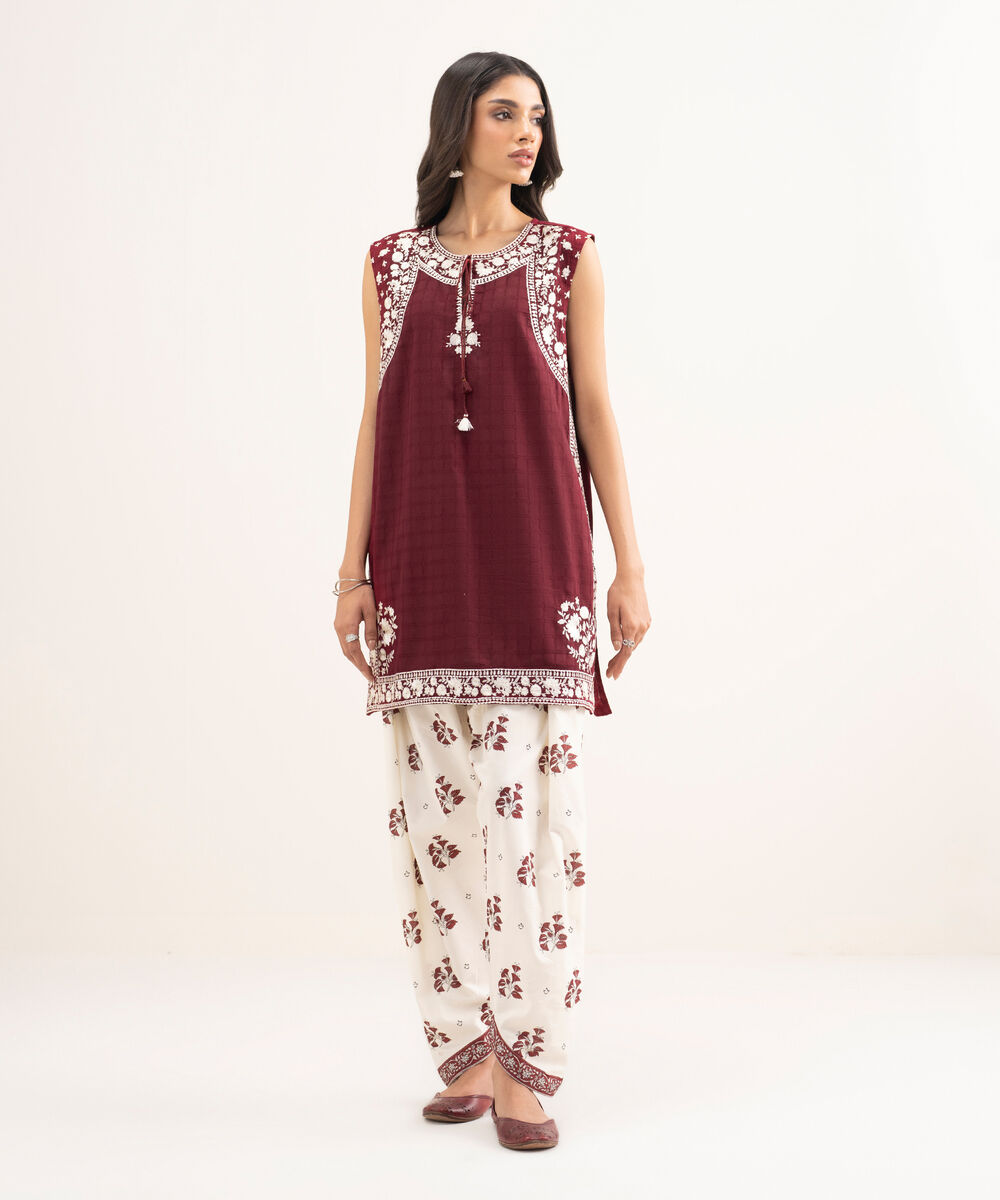 Women's RTW Cotton Embroidered Red Straight Shirt