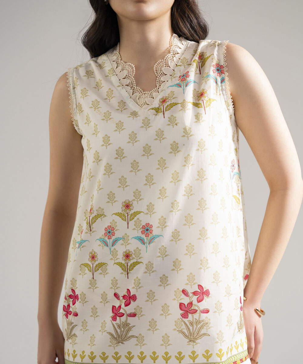 Women's RTW Slub Lawn Printed Cream White Straight Shirt