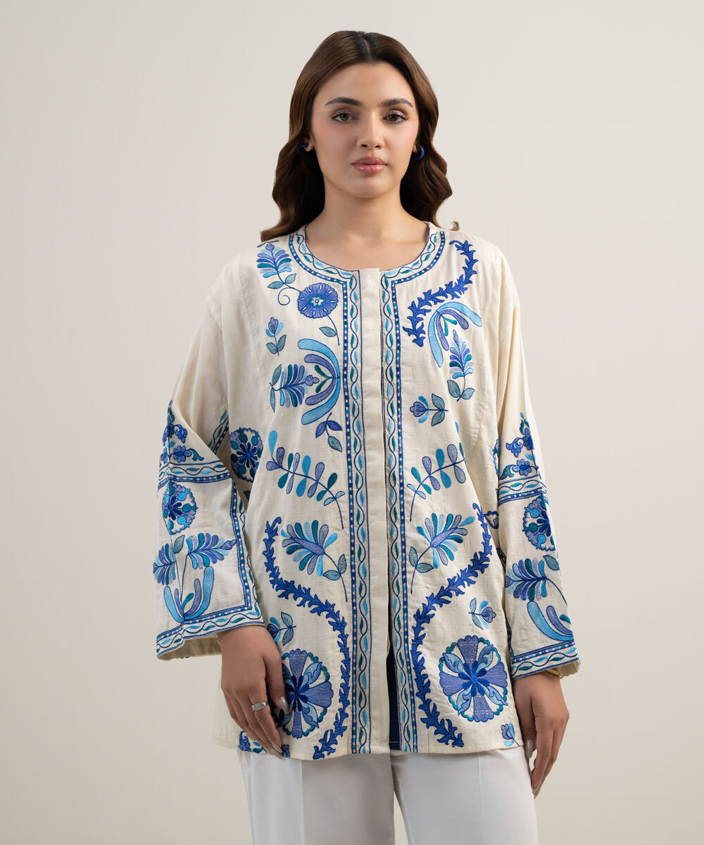 Women's RTW Dobby Embroidered Off White Drop Shoulder Shirt