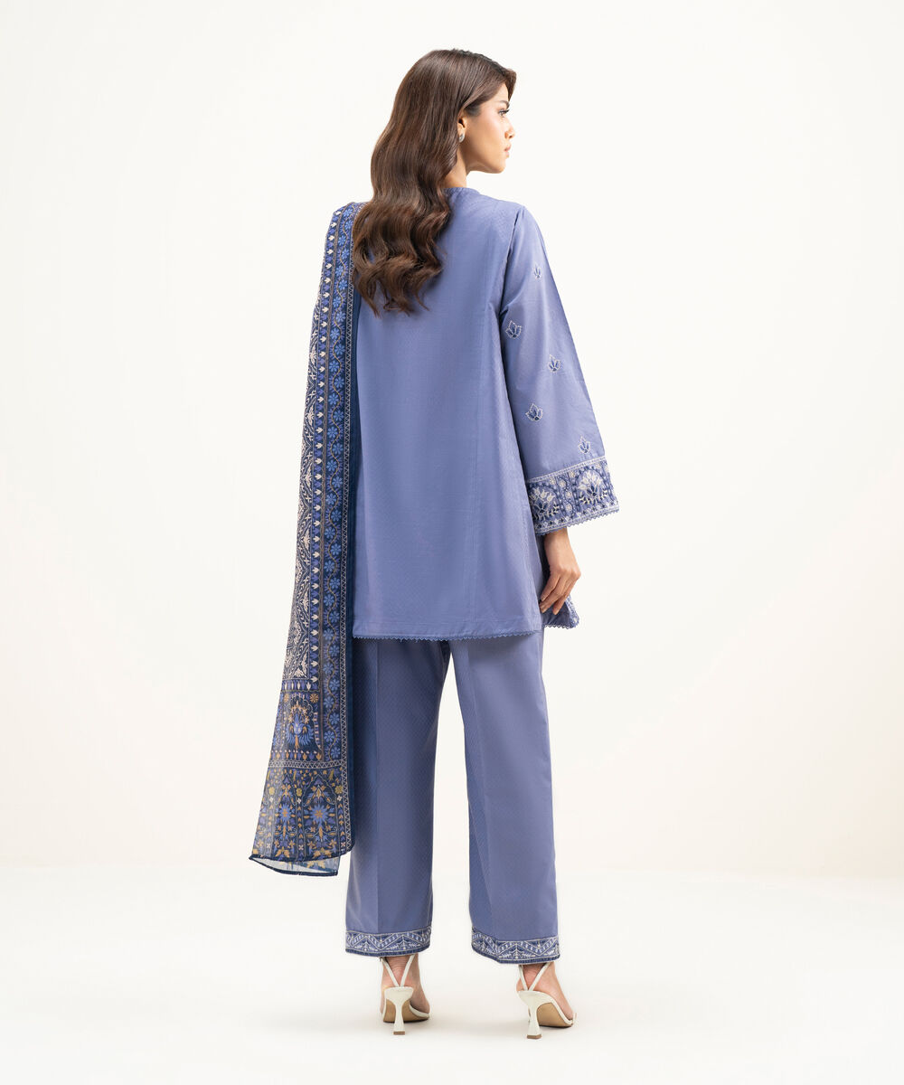 Women's RTW Dobby Embroidered Steel Blue 3 Piece Suit
