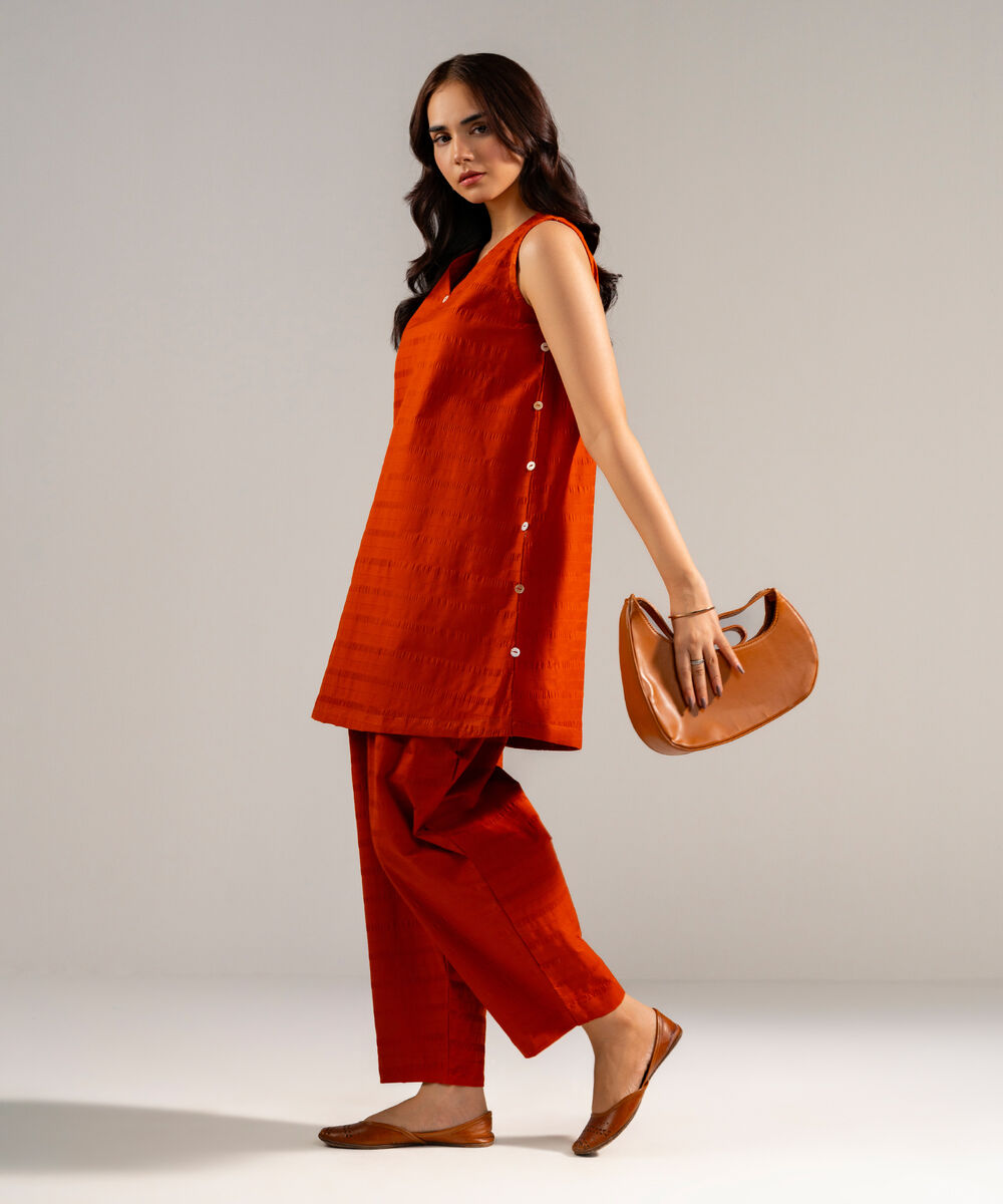Women's RTW Seersucker Solid Rust 2 Piece Suit