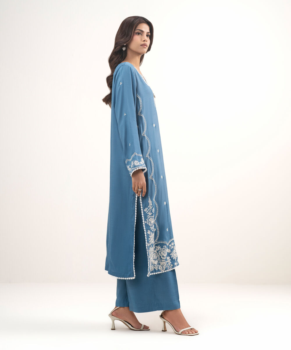 Women's RTW Viscose Raw Silk Embroidered Blue 2 Piece Suit