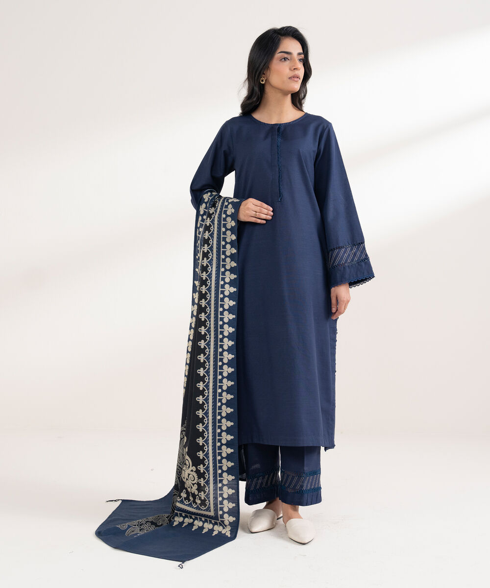 Printed Khaddar Blue Dupatta