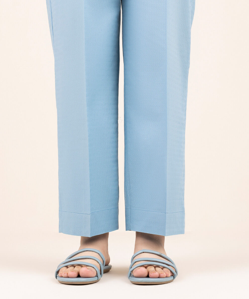 Woman - Blue Solid Cotton Straight Pants