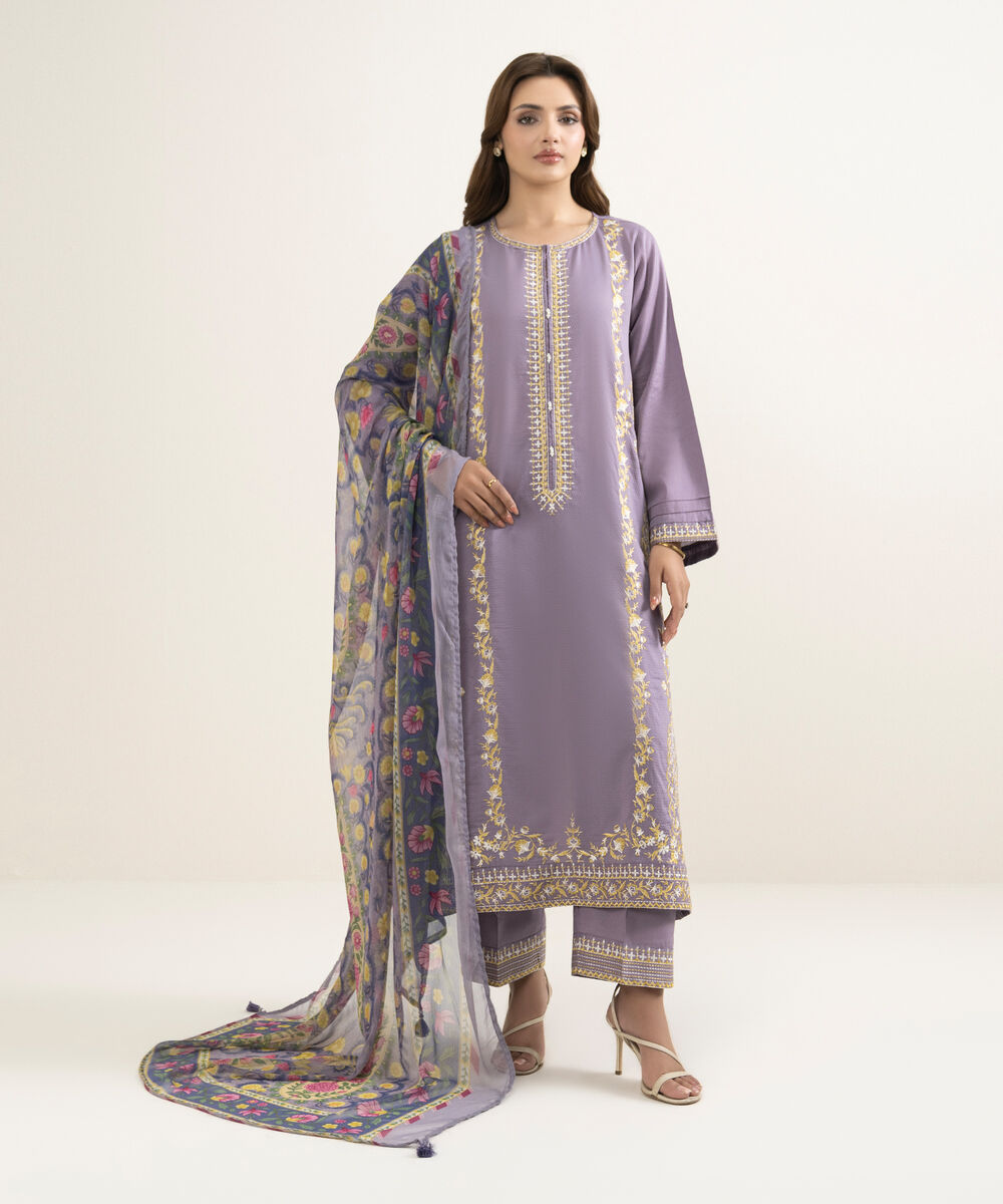Women's RTW Dobby Embroidered Lilac A-Line Shirt