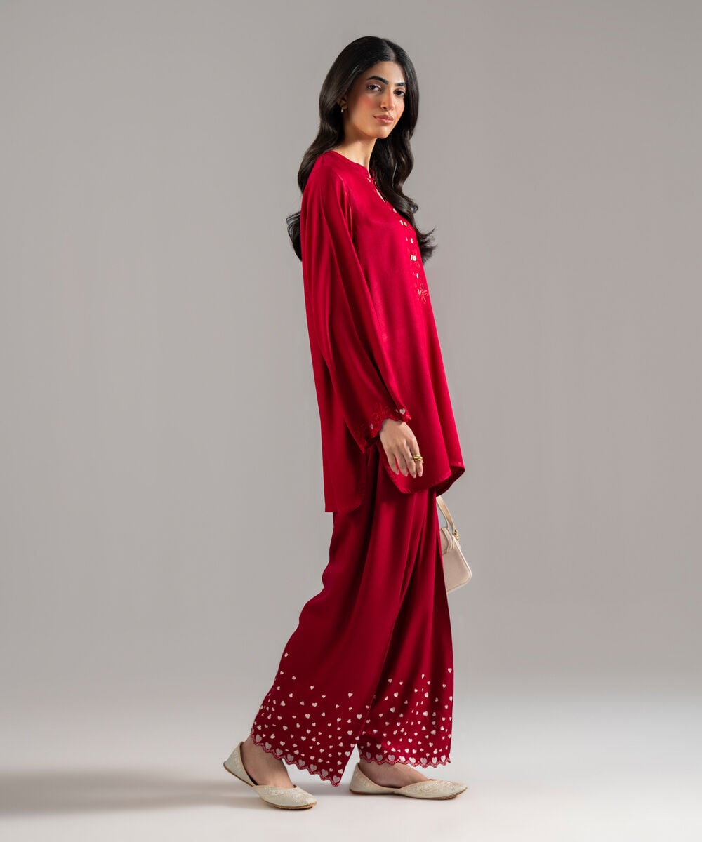 Women's RTW Bedford Solid Embroidered Red Straight Shirt