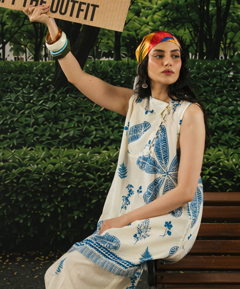 Women's RTW Slub Lawn Printed Off White Straight Shirt