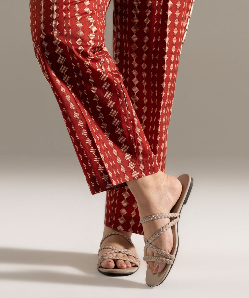 Women's RTW Cambric Printed Maroon Straight Pants