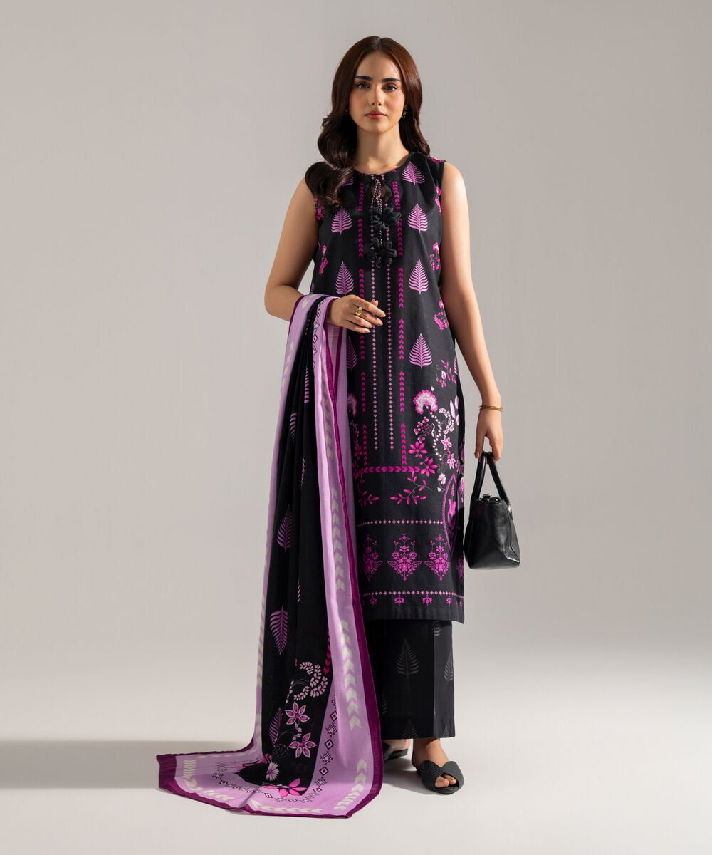 Women's RTW Printed Black Khaddar Dupatta