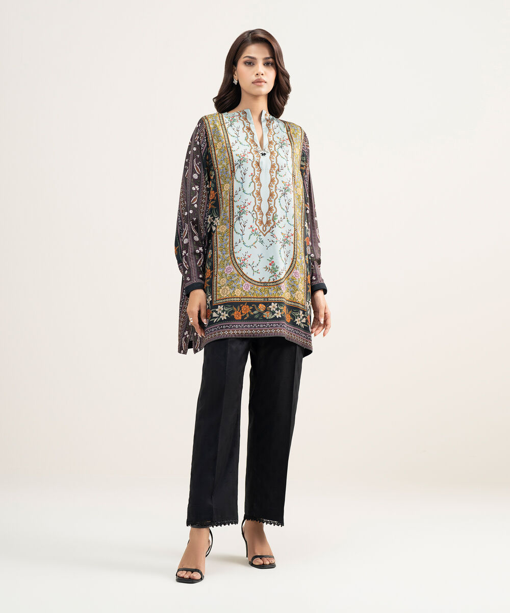 Women's RTW Premium Visocose Satin Printed Dark Blue Drop Shoulder Shirt