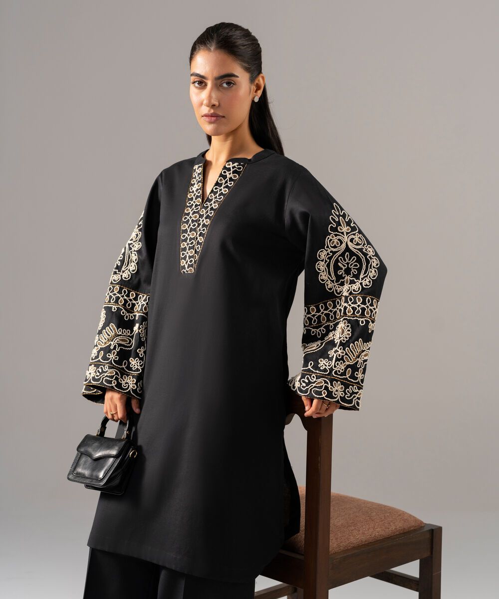 Women's RTW Cotton Linen Embroidered Black 2 Piece Suit