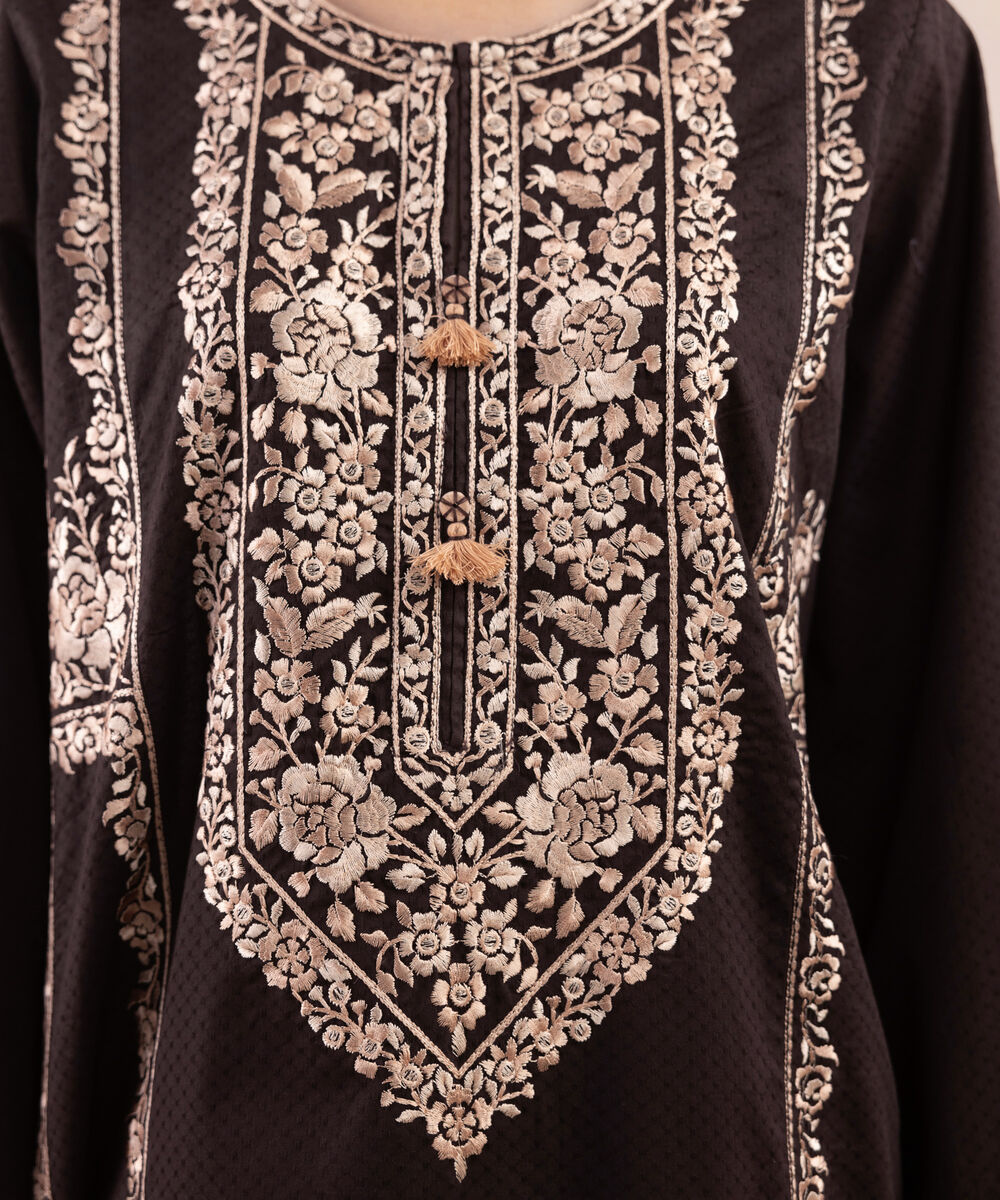 Women's RTW Dobby Brown Embroidered A-Line Shirt