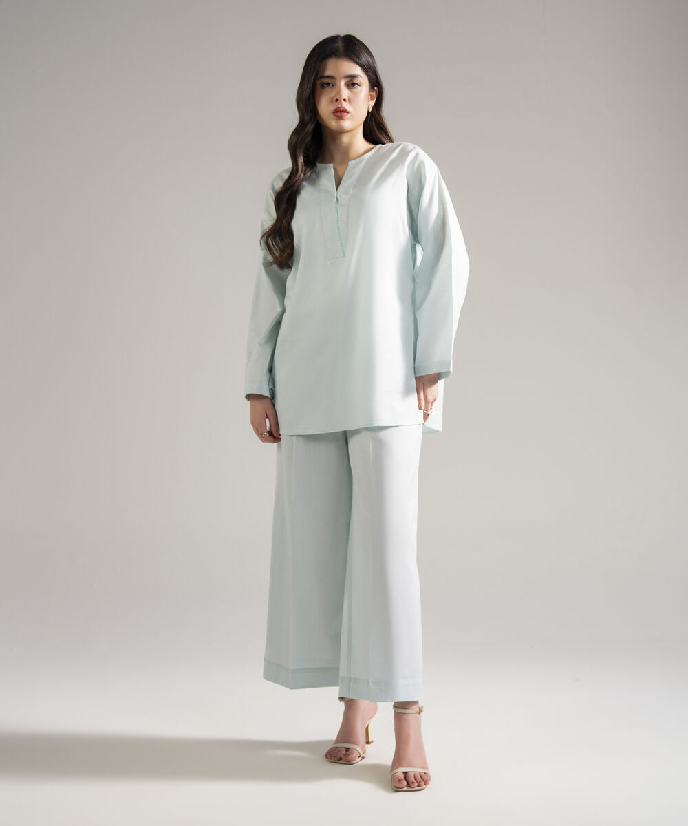 Women's RTW Cotton Linen Solid Blue 2 Piece Suit
