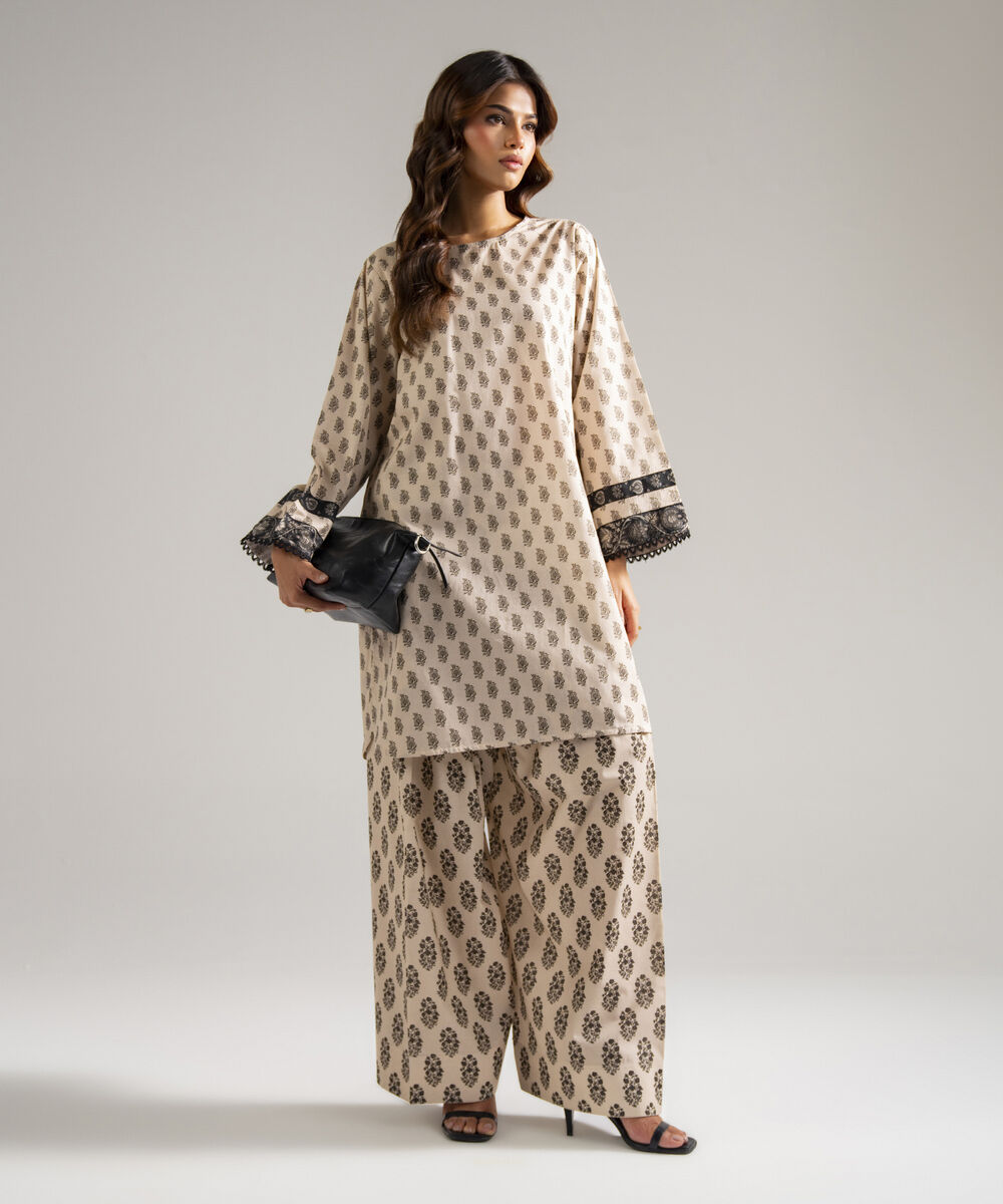 Women's RTW Lawn Printed Beige Straight Shirt