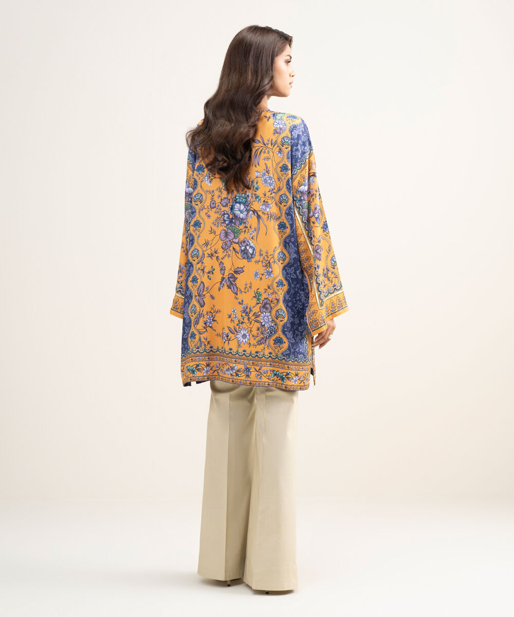 Women's RTW Premium Visocose Satin Printed Orange Drop Shoulder Shirt