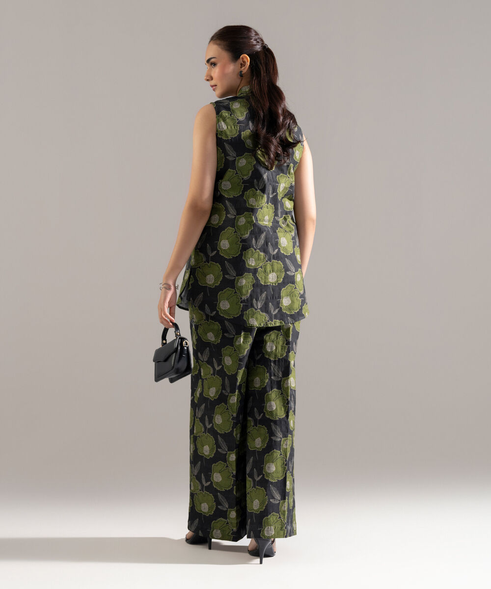 Women's RTW Seersucker Printed Black 2 Piece Suit