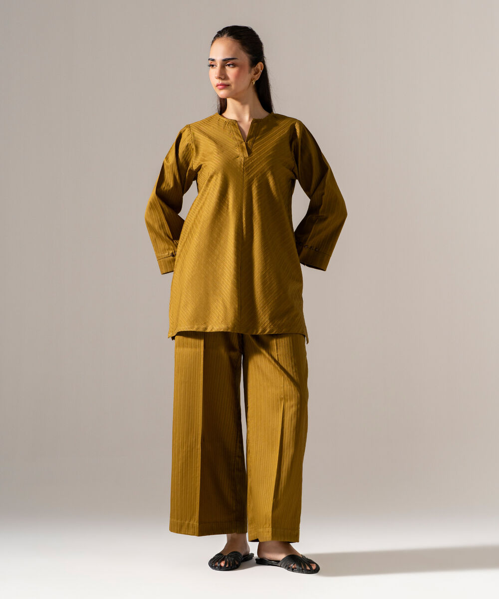 Women's RTW Dobby Strip Solid Green 2 Piece Suit