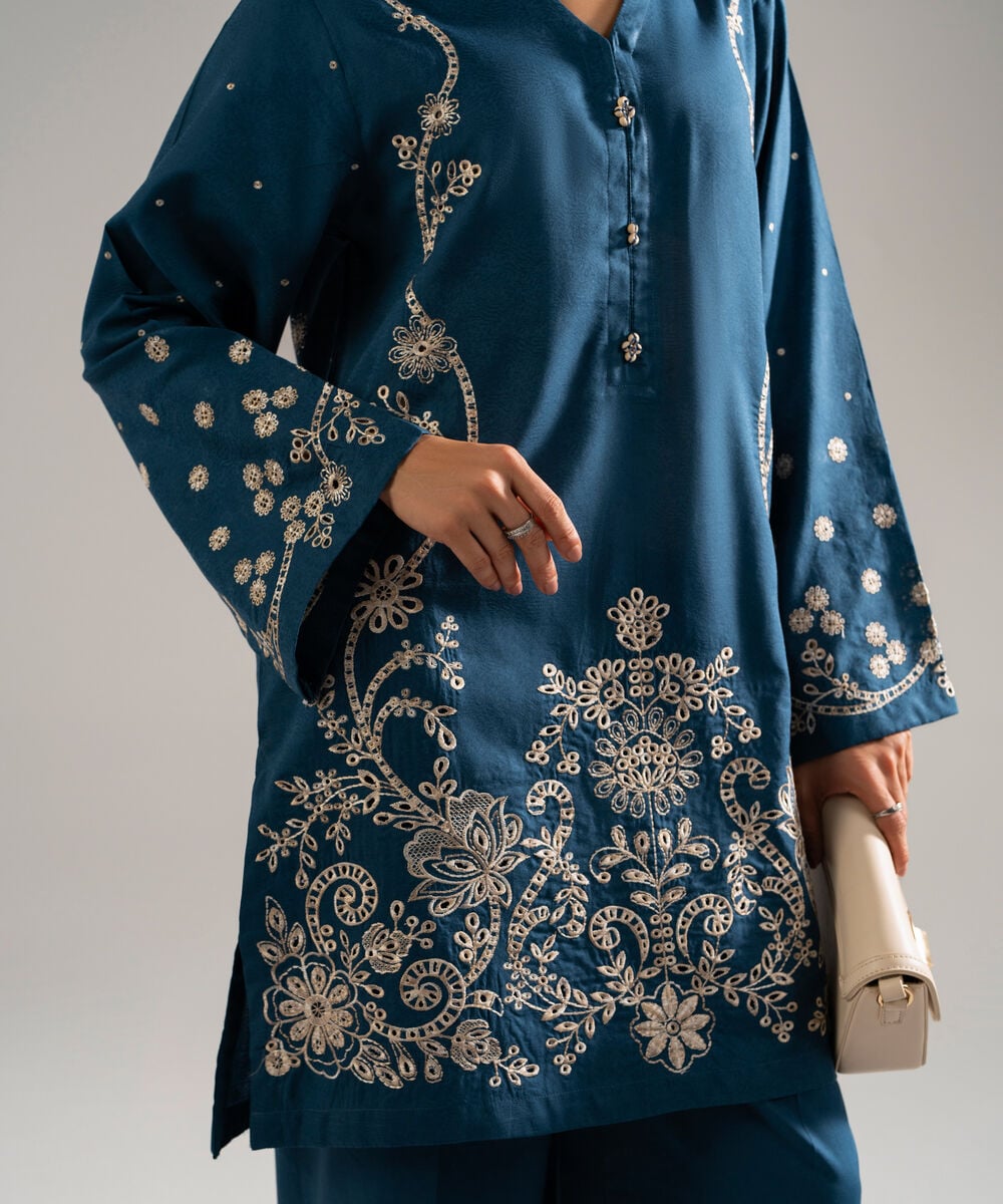 Women's RTW Self Jacquard Embroidered Blue 2 Piece Suit