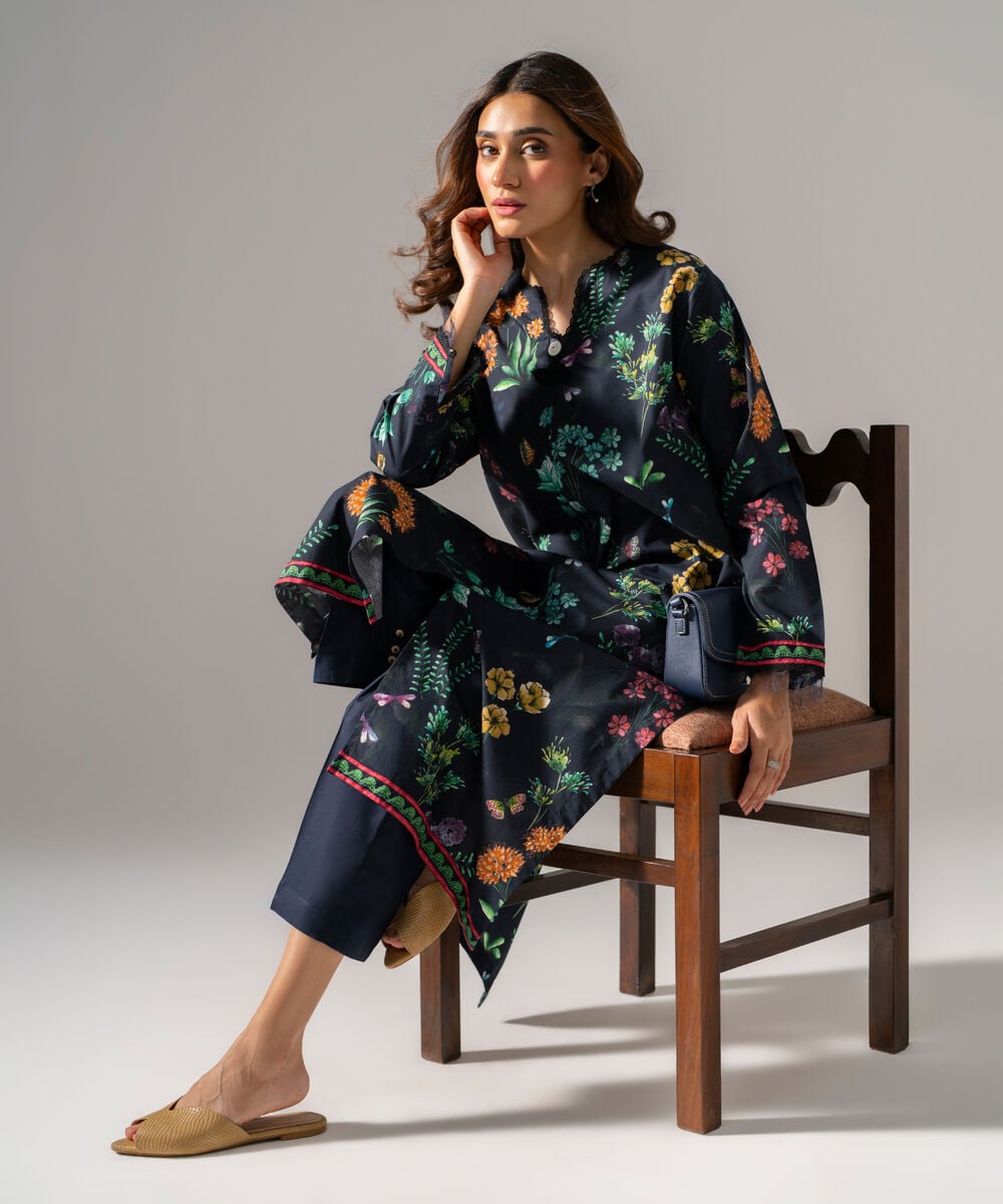 Women's RTW Regular Khaddar Printed Black Shirt and Trousers