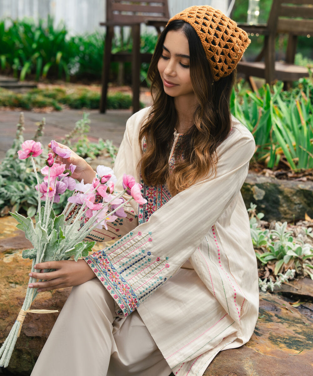 Women's RTW Dobby Embroidered Beige 2 Piece Suit