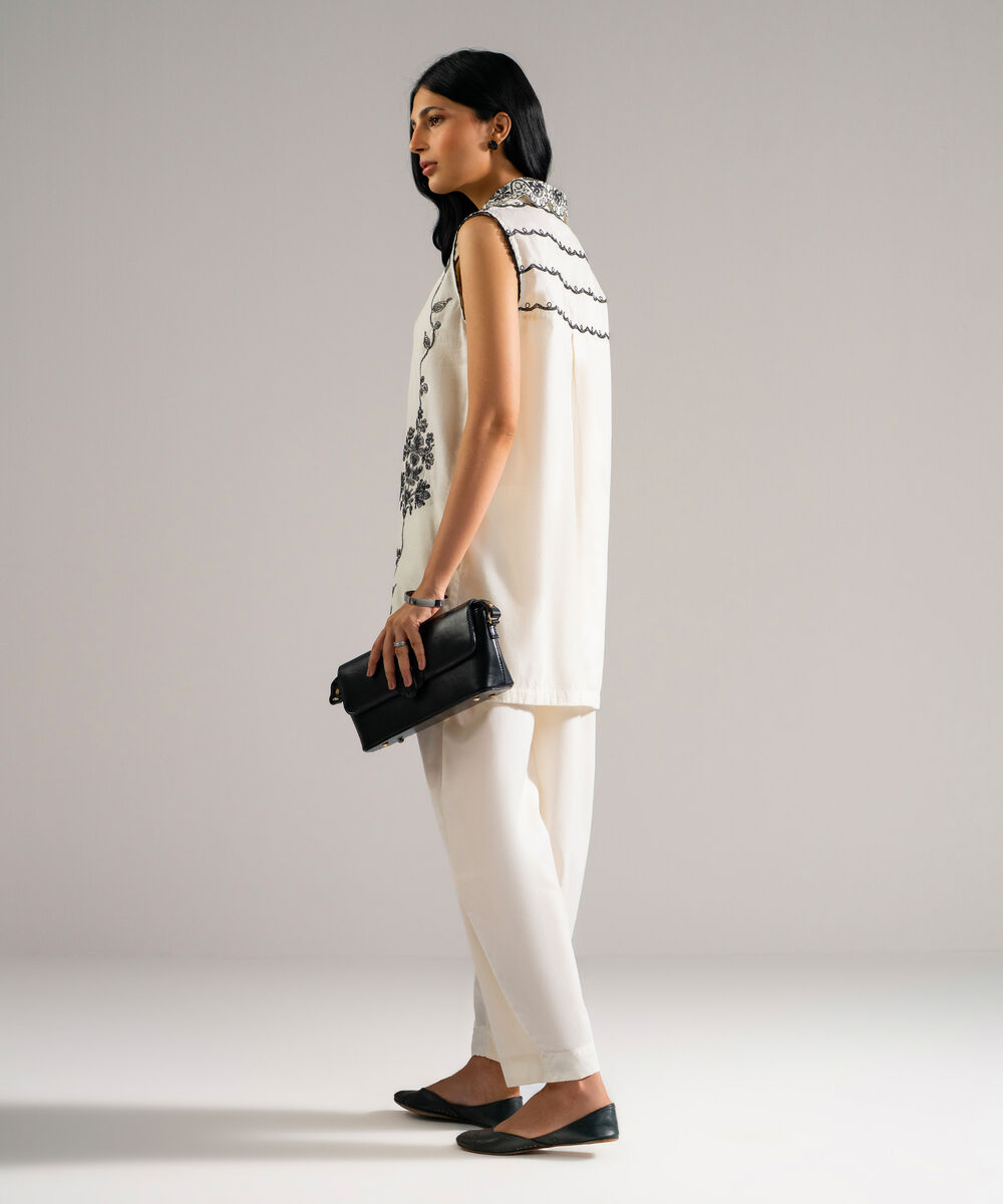 Women's RTW Dobby Embroidered White 2 Piece Suit