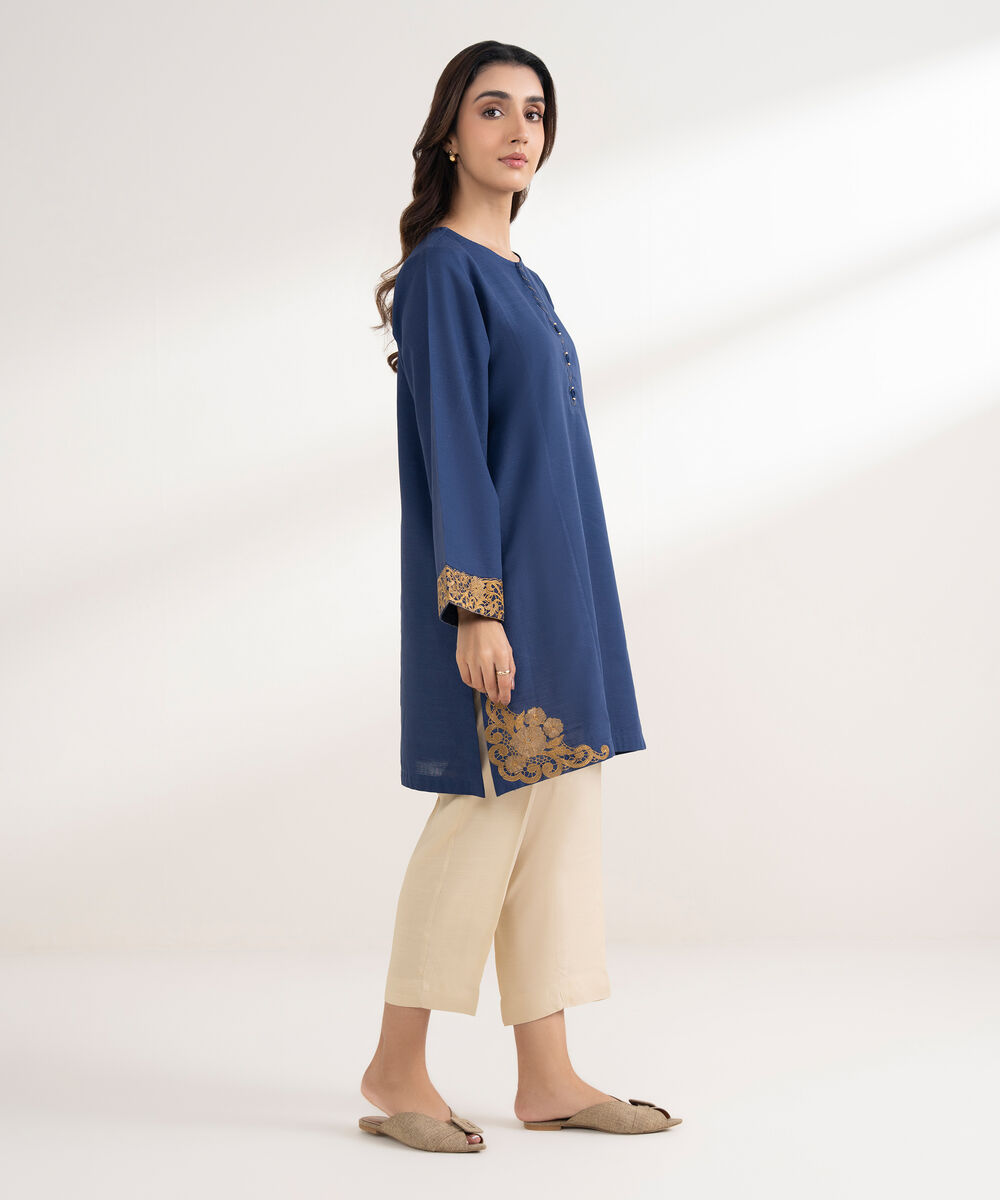 Women's RTW Khaddar Embroidered Straight Blue Shirt
