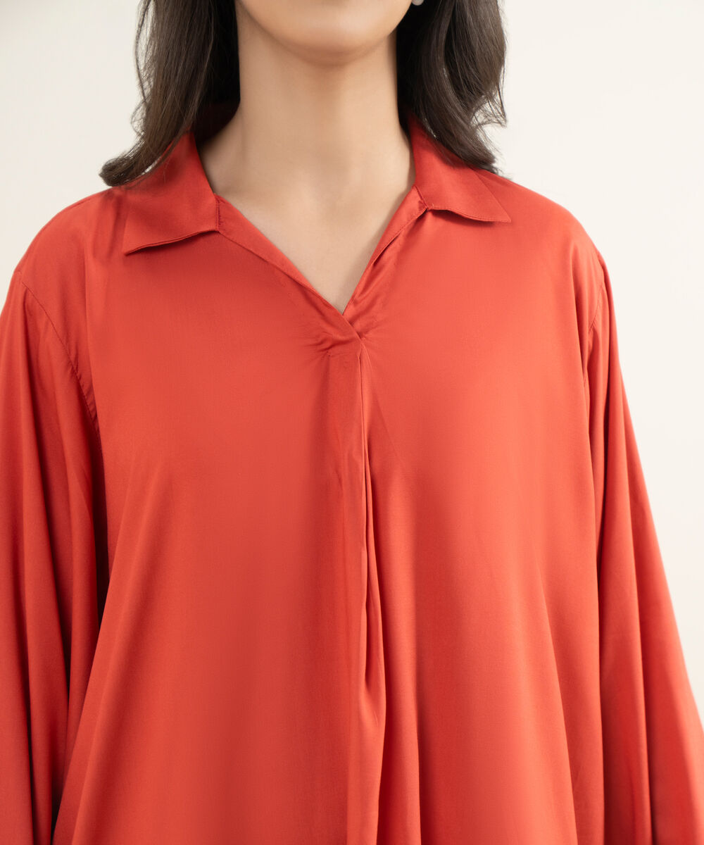 Women's RTW Arabic Lawn Solid Orange Straight Shirt