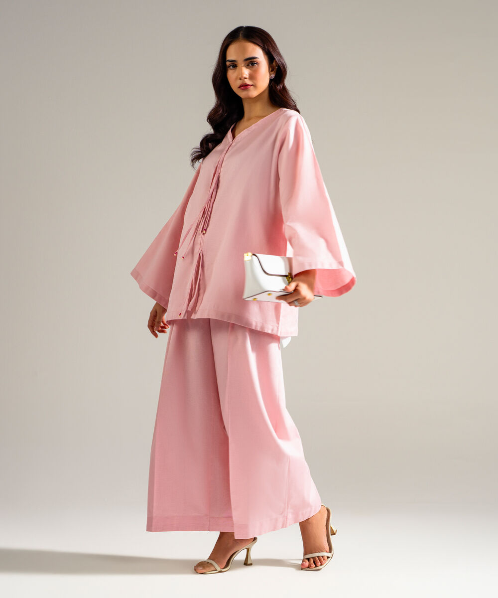 Women's RTW Cotton Linen Solid Pink 2 Piece Suit