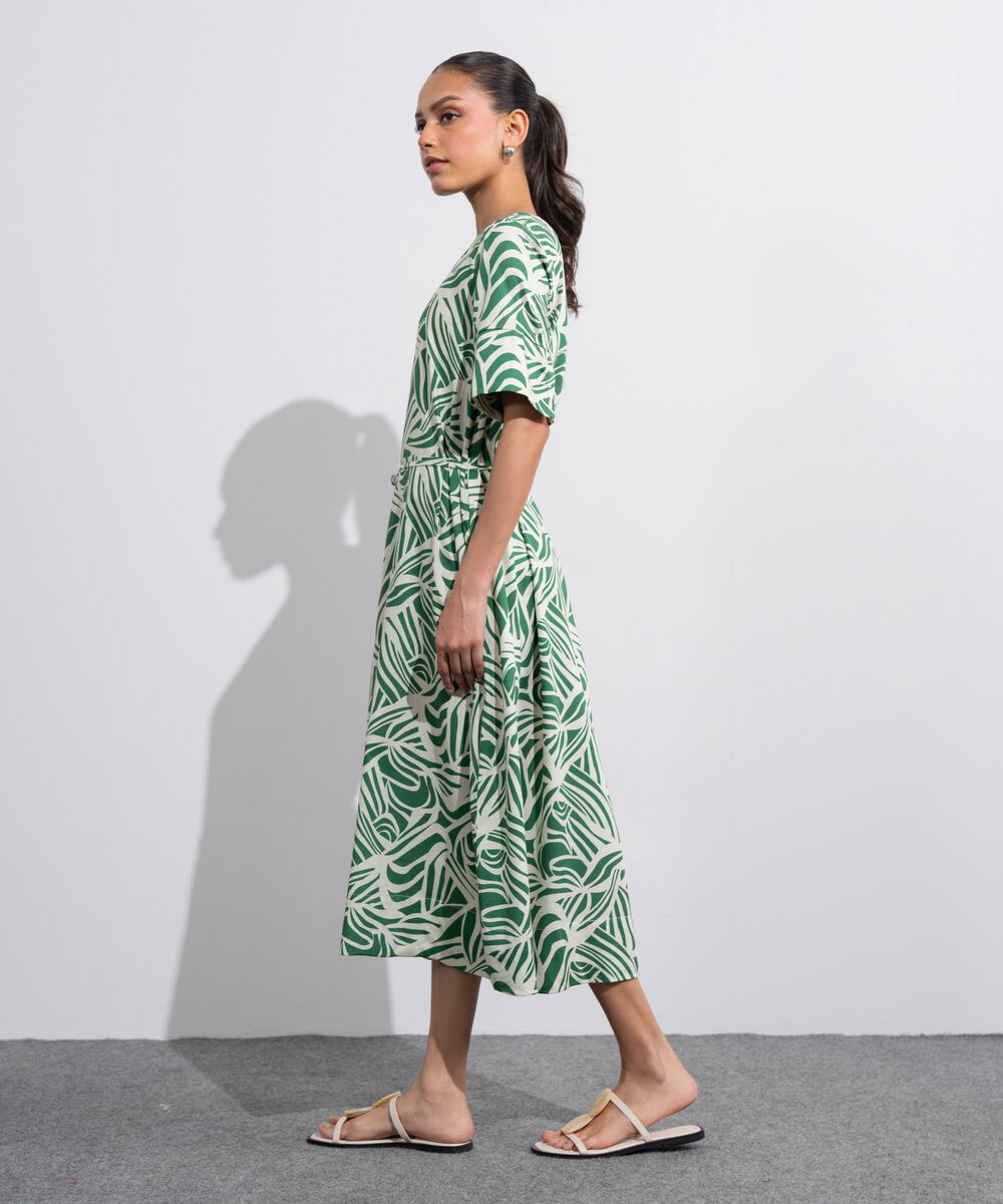 Women's Western Off White And  Green Linen Blend Printed Dress