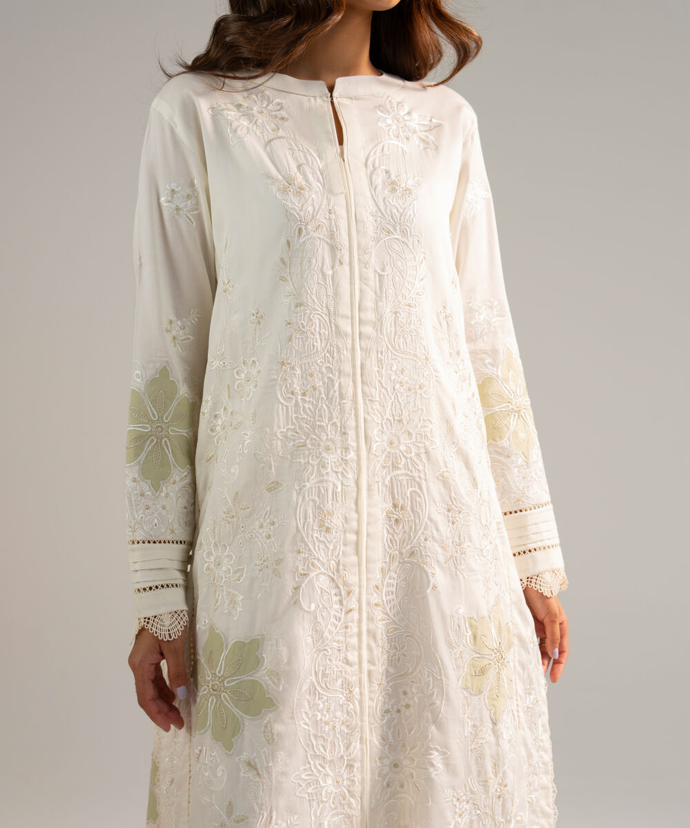 Women's RTW Cotton Satin Embroidered Off White 2 Piece Suit