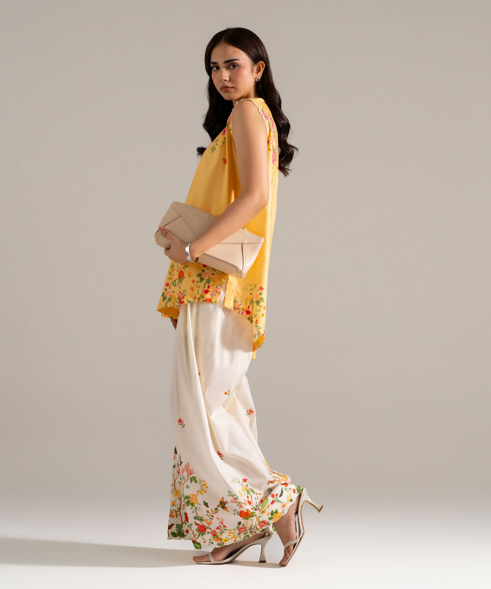 Women's RTW Cotton Viscose Printed Orange 2 Piece Suit