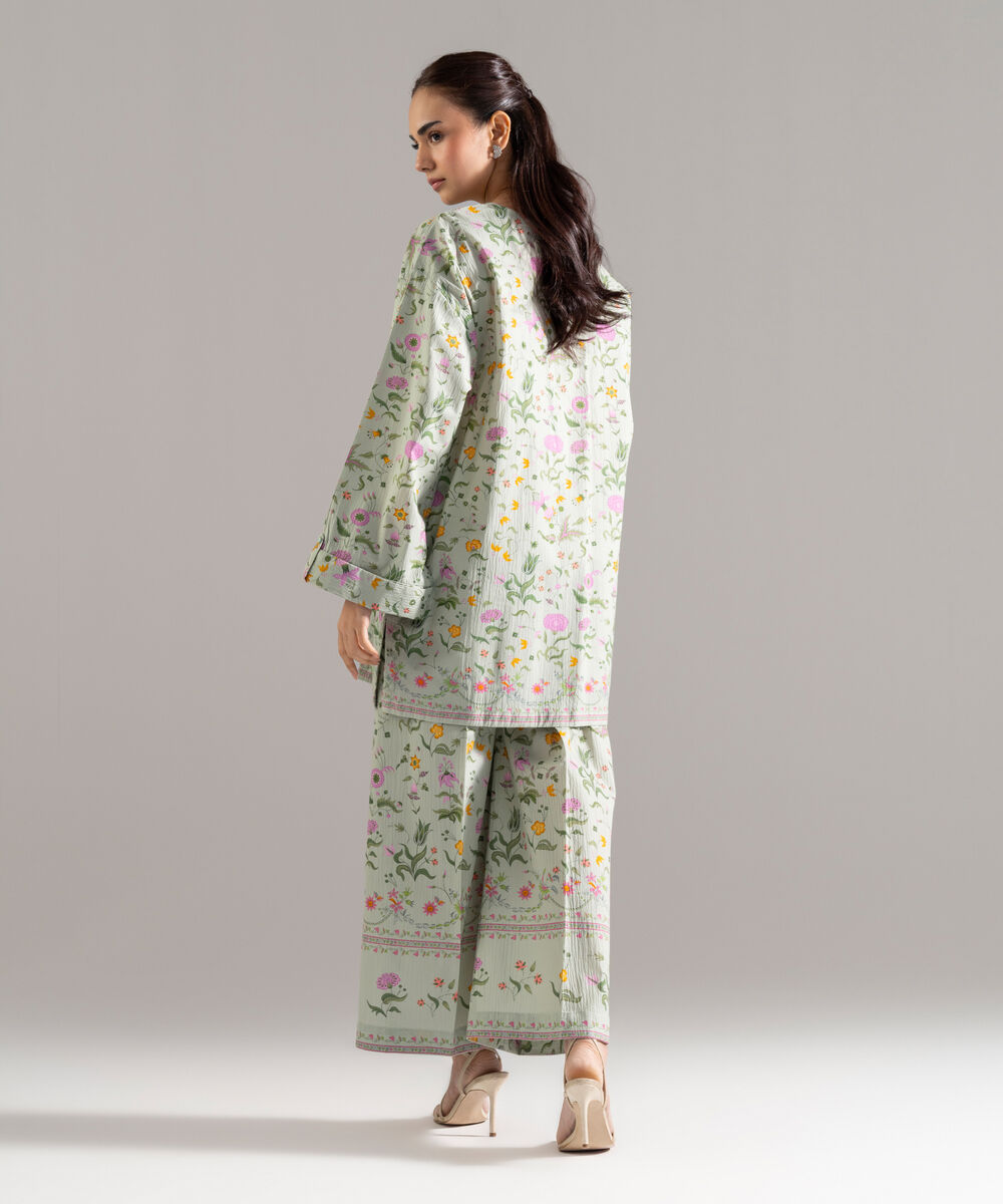 Women's RTW Seersucker Printed Green 2 Piece Suit