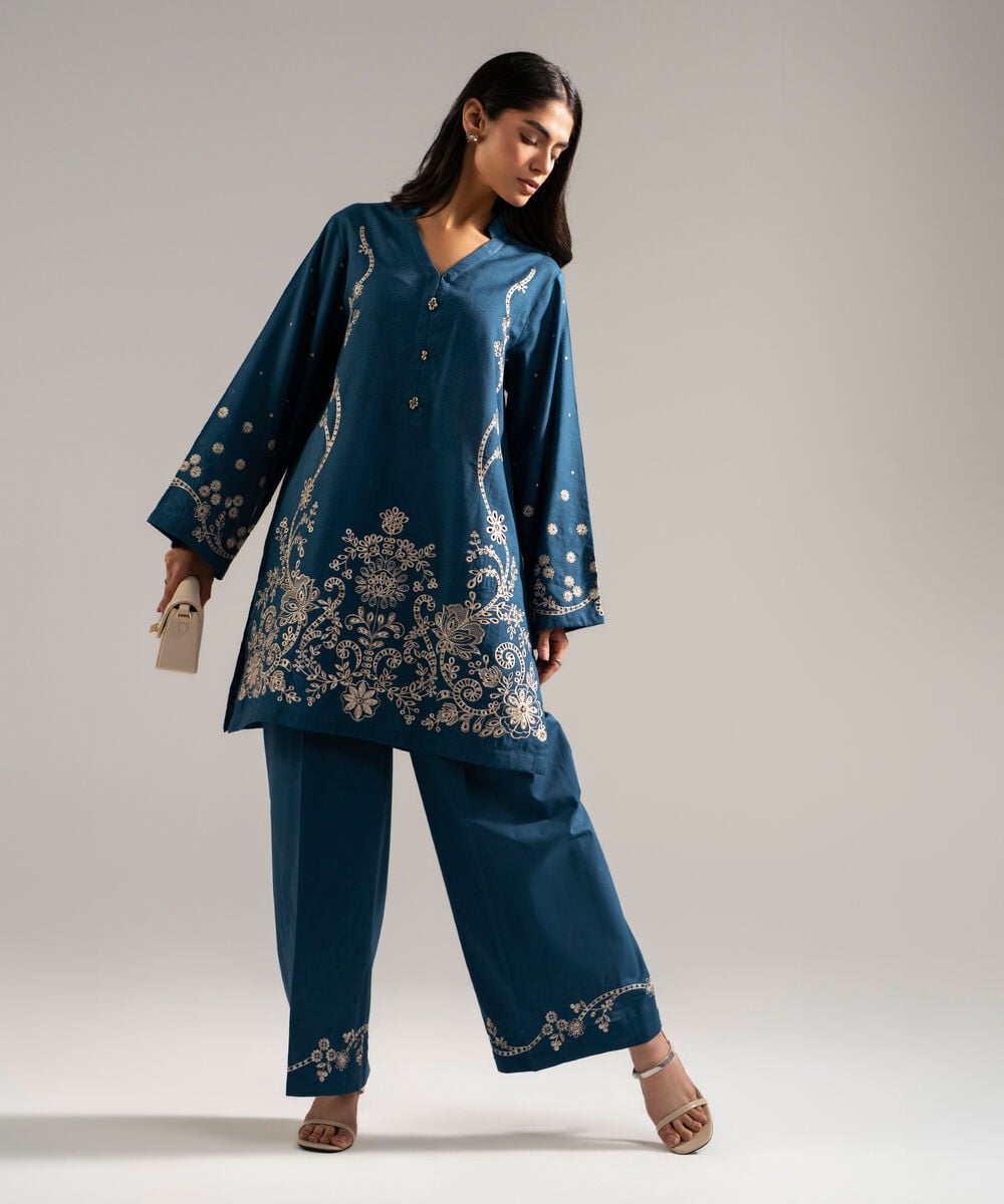 Women's RTW Self Jacquard Embroidered Blue 2 Piece Suit