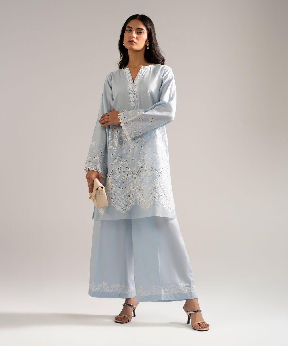 Women's RTW Self Jacquard Embroidered Blue 2 Piece Suit
