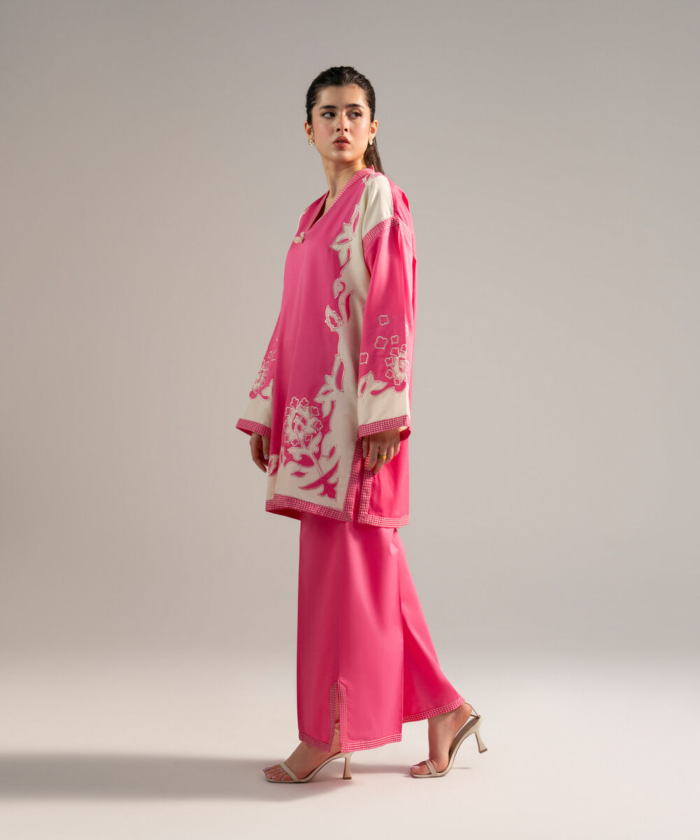 Women's RTW Cotton Satin Embroidered Pink 2 Piece Suit